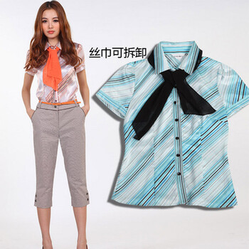 佳纷2012春夏装新品条纹翻领女款修身短袖 衬衣衬衫11403F 蓝白条 L