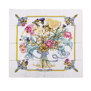 HERMES 爱马仕 女士淡粉色花卉图案真丝丝巾