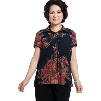 莎瑞 SR 中老年女衬衫 新款妈妈装 小方领镶金线大花短袖 红色 XXXXL