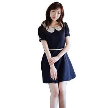 维妮 VINEY 2012夏季新款女装升级版裙子时尚修身显瘦气质淑女雪纺短袖连衣裙71002 033深蓝色 L
