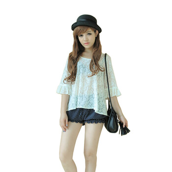 CICI-SHOP 新款夏装 日系甜美宽松圆领喇叭中袖蕾丝罩衫2378 白色 M