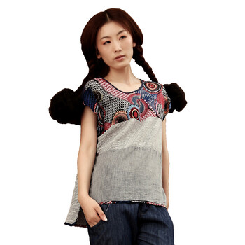 茵曼INMAN2012夏新款女衬衣印花条纹纯棉女短袖衬衫H822042915 蓝灰格 XL