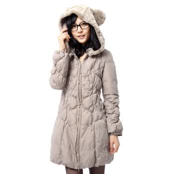 雅鹿 女士可爱熊耳朵毛帽中长款羽绒服^@^LD25020 白杏色 175/XXL