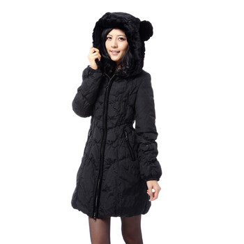 雅鹿 女士可爱熊耳朵毛帽中长款羽绒服^@^LD25020 黑色 175/XXL