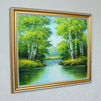 格丽油画 河边白桦树之春风景画配金色画框58x68cm