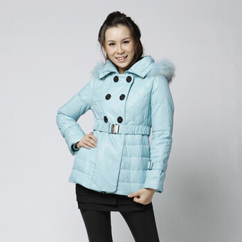 蓝冰 女双排扣菱形格腰带中长款羽绒服 ^@^BA62010 浅蓝 175/XXL