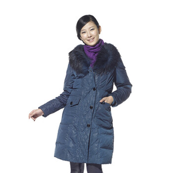 蓝冰 女 超大貉子毛领豹纹中长款羽绒服 ^@^BA69000 黑藏青 175/XXL