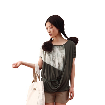 茵曼INMAN 2012夏装纯棉新款T恤短袖印花女T恤 301470 军绿色 XL