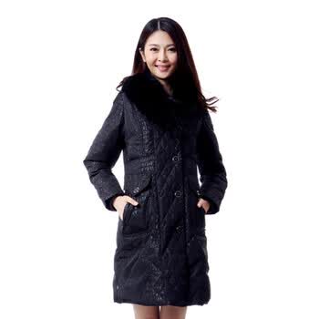 蓝冰 女 超大貉子毛领豹纹中长款羽绒服 ^@^BA69000 黑色 175/XXL