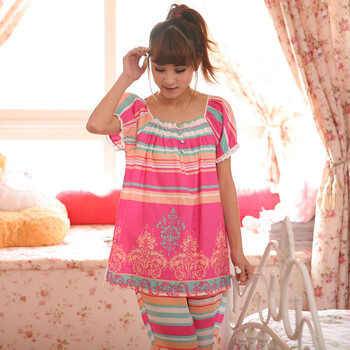 庆同女式夏季短袖睡衣可爱公主梭织纯棉布家居服套装1431 玫红色 XXL