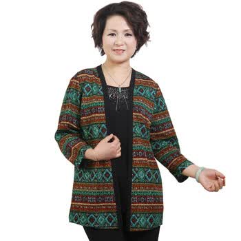 莎瑞 胖中老年妈妈装 宽条贴钻印花假两件 绿色 XXXXL