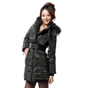 雅鹿.自由自在 女 宽腰带面包款中长 羽绒服 ^@^F119320 油绿 175/XXL
