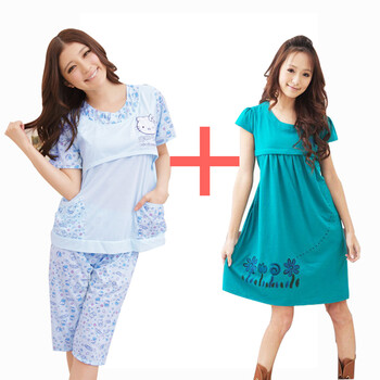 喜孕娇 纯棉时尚KITYY孕产二穿哺乳套装+蝴蝶飞飞孕产二穿哺乳裙T01 蓝色KITYY猫+蝴蝶哺乳裙蓝色 均码