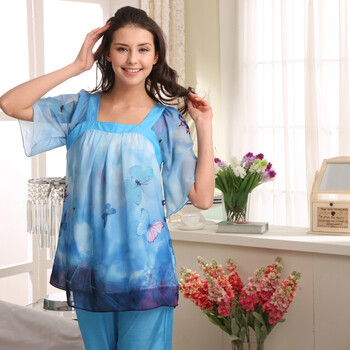 庆同春夏新款女式仿真丝睡衣家居服短袖套简约性感85013 深蓝色 XXL