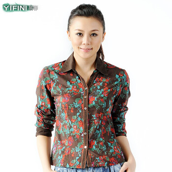 易菲/YIFINI专柜正品秋装休闲碎花修身长袖薄款纯棉衬衫女大码YJA215 咖底花 XXL