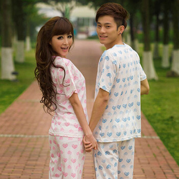 婷之妍夏季纯棉情侣睡衣 短袖手绘心型情侣家居服套装 698 699 粉红色 女款 XL