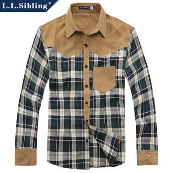 LLSibling 新款男士衬衫 英伦风修身 拼接 格子男衬衫长袖衬衣/127679 墨绿格 185/100