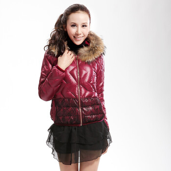 Cilaya/熙兰雅 毛领蕾丝拼接 斜格纹修身短款羽绒服女正品 11210 紫玫红 XL