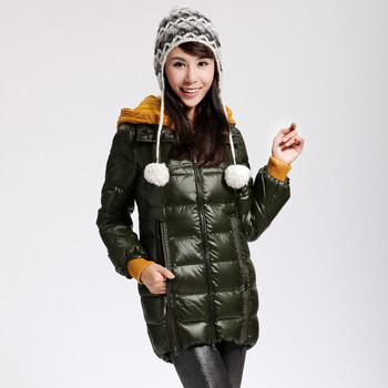 Cilaya/熙兰雅 中长款轻薄修身韩版带毛线帽拉链修饰羽绒服女 11727 军绿 XXL