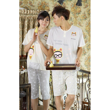 婷之妍新款夏季男女款纯棉情侣睡衣 短袖性感可爱家居服套装 692 693 浅黄色 女款 XL