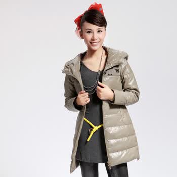 Cilaya/熙兰雅 红色PU皮轻薄毛线拼接带帽长款羽绒服女正品 11715 米灰色 XXL