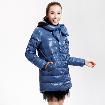 Cilaya/熙兰雅 蝴蝶节领口针织帽拼接修身长款羽绒服女正品 11745 灰蓝 XL