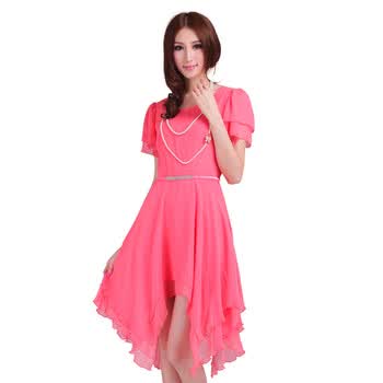 伊莲娜 2012夏季新款 粉色圆领荷叶边雪纺连衣裙子品质女装 A70308 图片色 XL