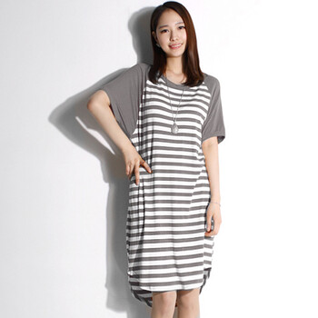 吉思美JSM 2012女夏装新款韩版短袖条纹圆领休闲T恤式连衣裙JK206D007 灰色 均码