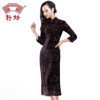 格格旗袍100%桑蚕丝基布烂花绒7分袖秋冬季中长