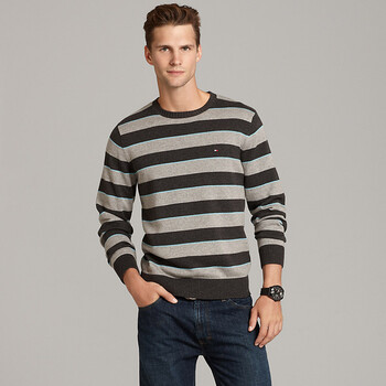 新款男士条纹圆领套头毛衣针织