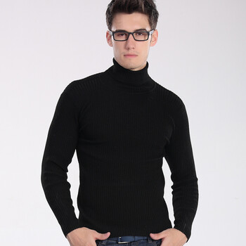 <em>男士高领羊毛</em>衫修身<em>加厚</em>弹力打底黑色针织<em>毛衣</em>