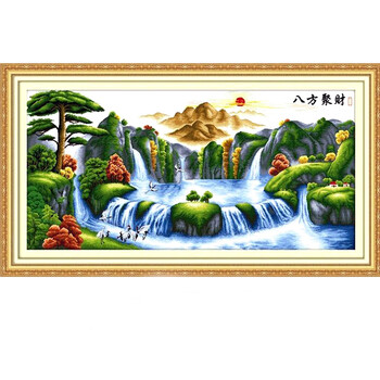 
                                        绣美人百分百精准印花布十字绣八方聚财聚宝盆迎客松山水风景2米大画图                