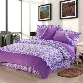 赫维家纺 珊瑚绒四件套 韩版三面花边 玲珑花韵