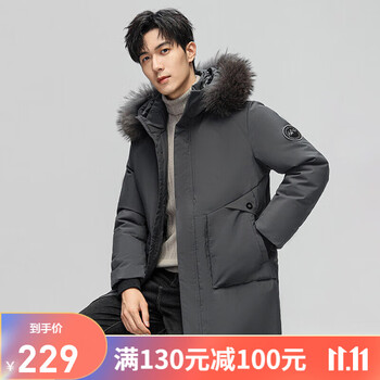 VISKI 羽绒服男冬季连帽外套男白鸭绒保暖加厚中长款大毛领宽松运动大衣 灰色 XL全利兔-实时优惠快报