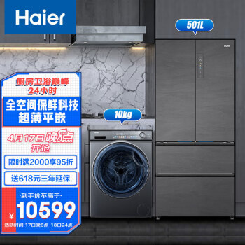 海尔（Haier）冰洗套装 海尔501升法式零嵌冰箱BCD-501WGHFD14S8U1+精华洗洗衣机 EG100MATESL6（附件仅展示）