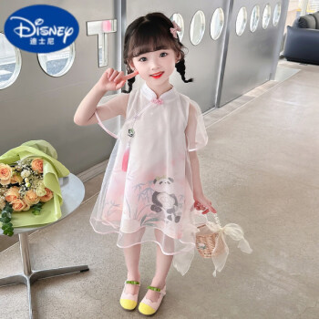 迪士尼（Disney）女童连衣裙2023夏装新款洋气小女孩汉服旗袍国风网纱儿童公主裙子 粉色 90cm