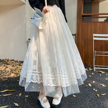 PinCai 品彩 半身裙女蕾丝钉珠高腰纱裙 方格玫瑰垂坠感a字中长裙 P135B1708全利兔-实时优惠快报