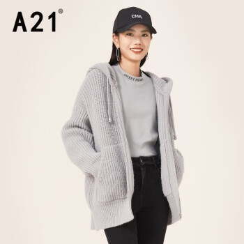 A21女装宽松连帽长袖开胸单层线衫外套 中灰 S