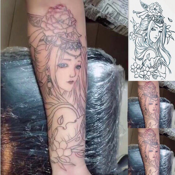 虞姬线条刺青色艺伎花臂纹身贴貂蝉滴泪艺伎纹身防水逼真落泪艺伎6张