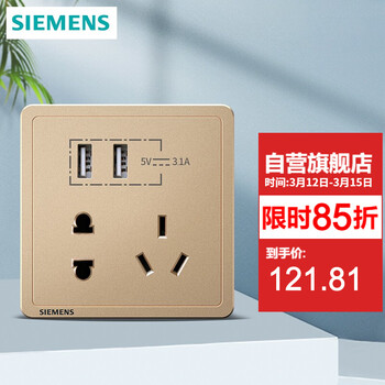 西门子（SIEMENS）开关插座面板 五孔插座墙壁86型强电插座 致典系列日耀金色 五孔插座带双USB智能分流3.1A