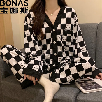 BONAS 宝娜斯 女士睡衣家居服套装-黑白笑脸格全利兔-实时优惠快报