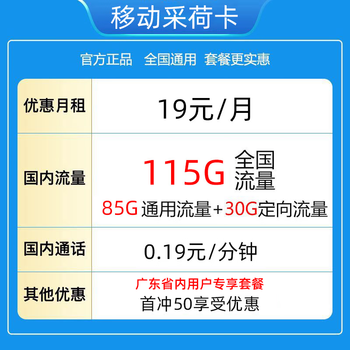 中国移动 采荷卡 19元月租（115G全国流量＋只发广东省）全利兔-实时优惠快报
