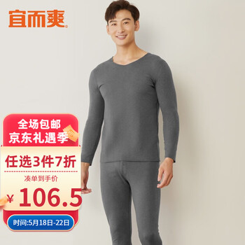 宜而爽 德绒发热抑菌保暖内衣男士无痕加绒V领320g\㎡秋衣秋裤套装吸湿发热纤维 【男款】岩石灰 XL（男175/女170）
