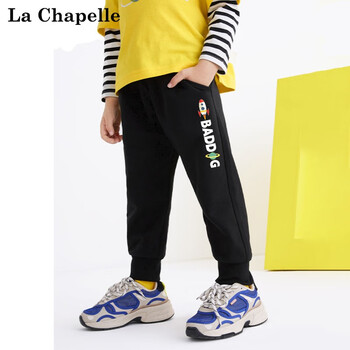 LA CHAPELLE MINI 拉夏贝尔童装男童裤子春秋款儿童长裤男宝宝秋季2023新款运动裤潮 火箭小标黑色 140母婴玩具类商品-全利兔-实时优惠快报