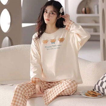兰缦尼 睡衣女春秋款冬季长袖薄款家居服套装卡通圆领可外穿两件套套装女 格子裤小熊套装 M码（建议65-85斤）服饰鞋包类商品-全利兔-实时优惠快报