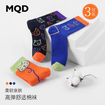 MQD儿童袜子3双装卡通猫咪棉感男女童中大童袜子秋冬季中筒袜 MHH1052-1 橙色、宝蓝、黑色 S（12-15cm，适合6-11岁）
