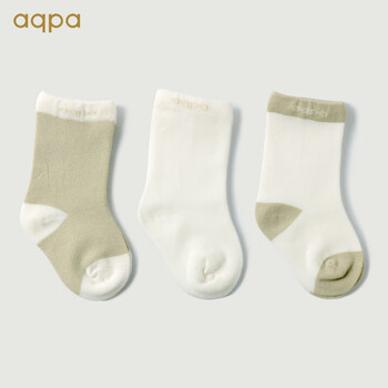 aqpa 婴儿袜子新生儿宝宝精梳棉有机棉袜中筒松口春秋3双装 厚款（白色+绿色+绿白） 18-36月（13-16cm三双装母婴玩具类商品-全利兔-实时优惠快报