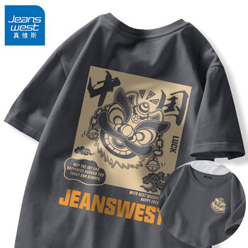 JEANSWEST 真维斯 短袖T恤男夏季潮流设计感中国风国潮半袖休闲运动纯棉男款上衣 中灰#ZS中国狮 XL服饰鞋包类商品-全利兔-实时优惠快报