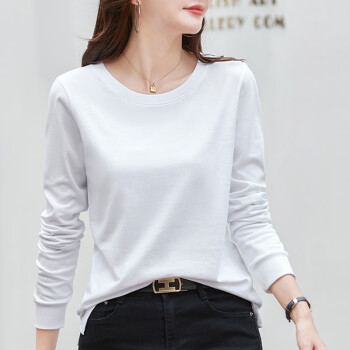 红粉宣言2023春季新款长袖T恤女宽松纯色高含棉打底衫上衣 白色 XL(120-125斤)