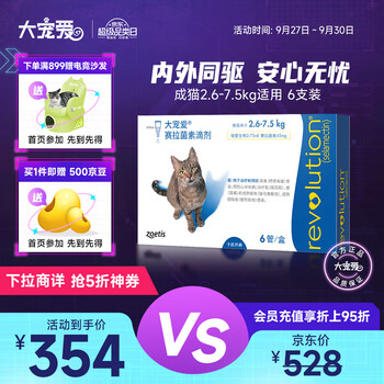 REVOLUTION 大宠爱 猫驱虫药 体内外同驱滴剂 宠物药品驱虫 驱除耳螨疥螨虱子跳蚤蛔虫等2.6-7.5kg猫用 6支整盒全利兔-实时优惠快报